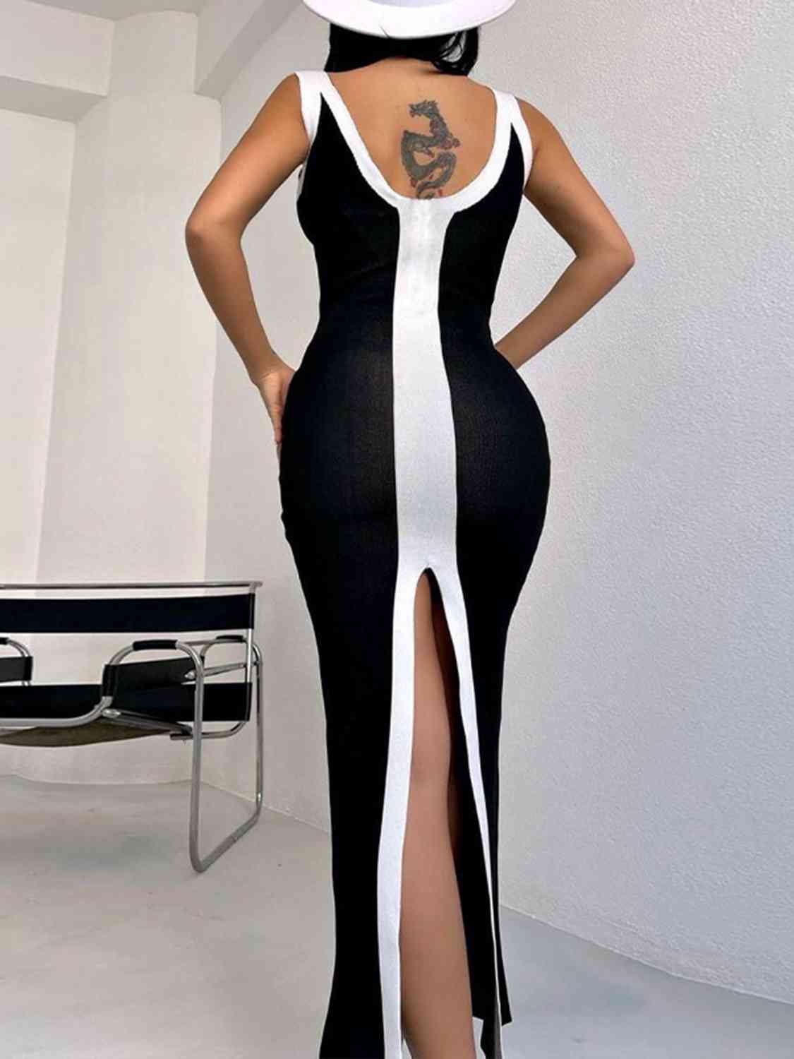 Contrast Wide Strap Slit Midi Dress - Loulou Boutique