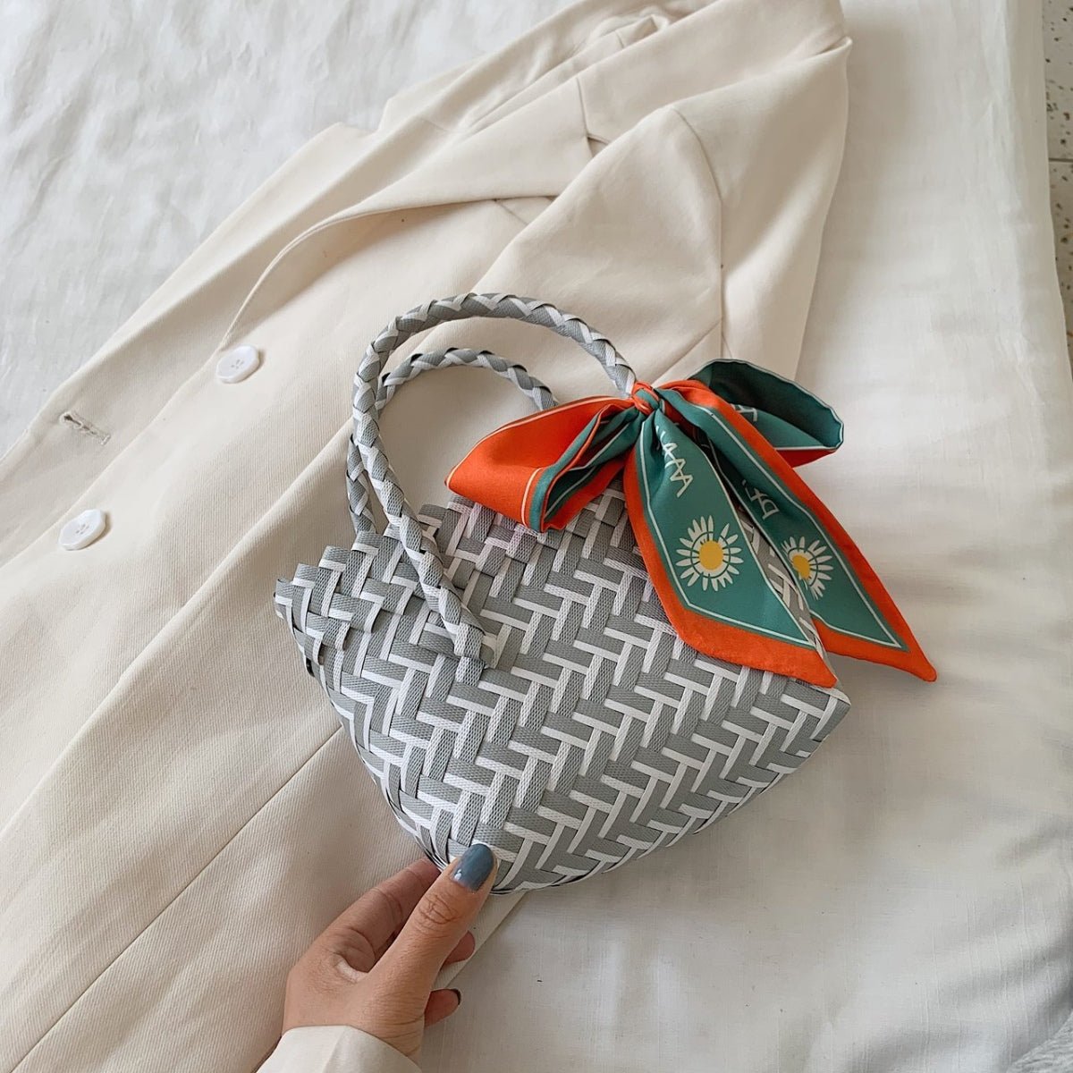 Contrast Woven Handbag with Ribbon - Loulou Boutique