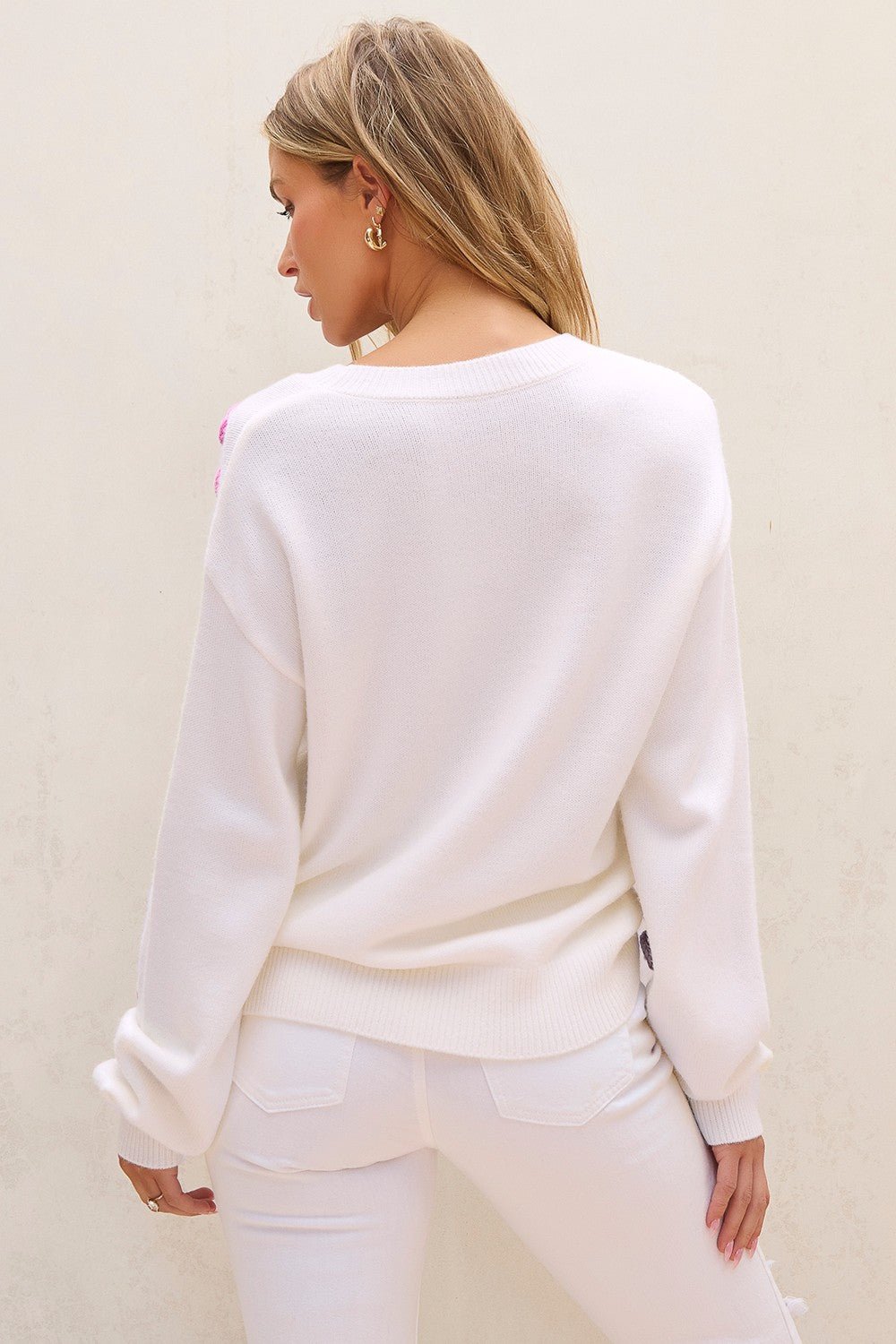 Crochet Flower Round Neck Long Sleeve Sweater - Loulou Boutique