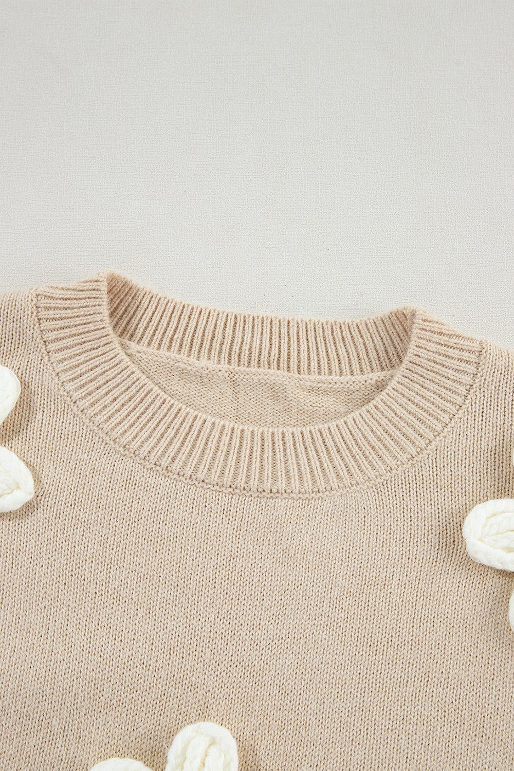 Crochet Flower Round Neck Long Sleeve Sweater - Loulou Boutique