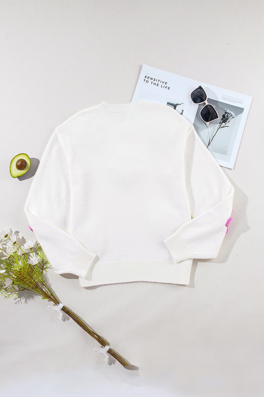 Crochet Flower Round Neck Long Sleeve Sweater - Loulou Boutique