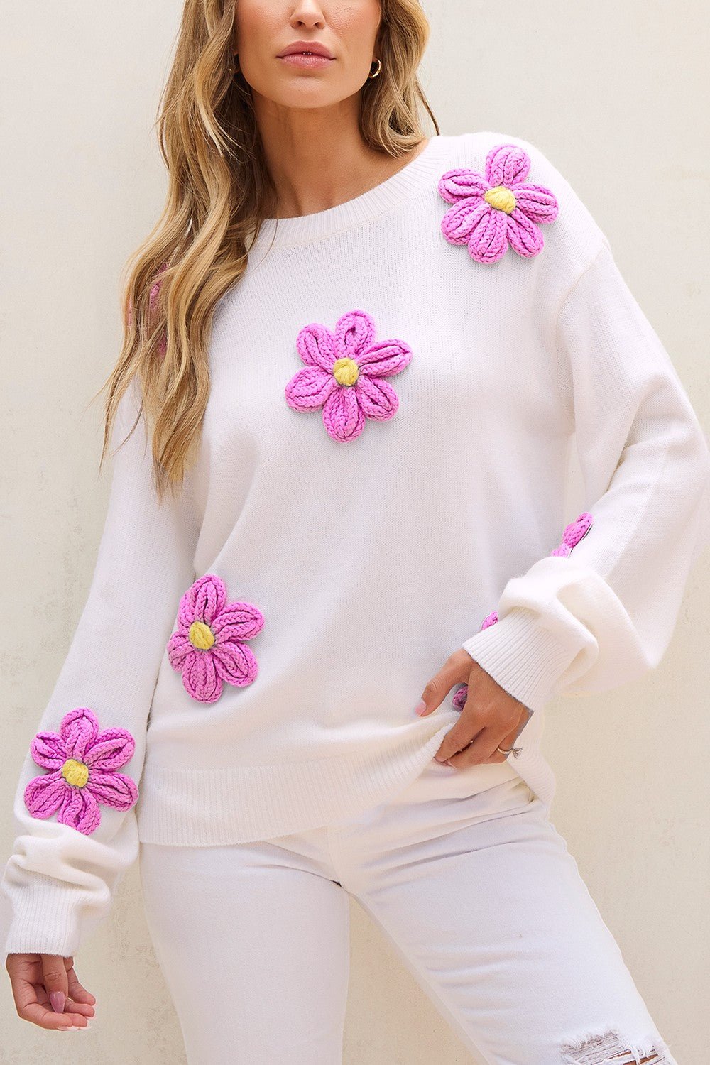 Crochet Flower Round Neck Long Sleeve Sweater - Loulou Boutique