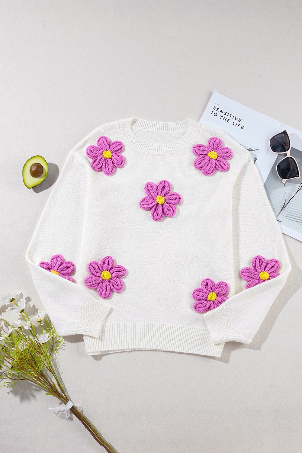 Crochet Flower Round Neck Long Sleeve Sweater - Loulou Boutique