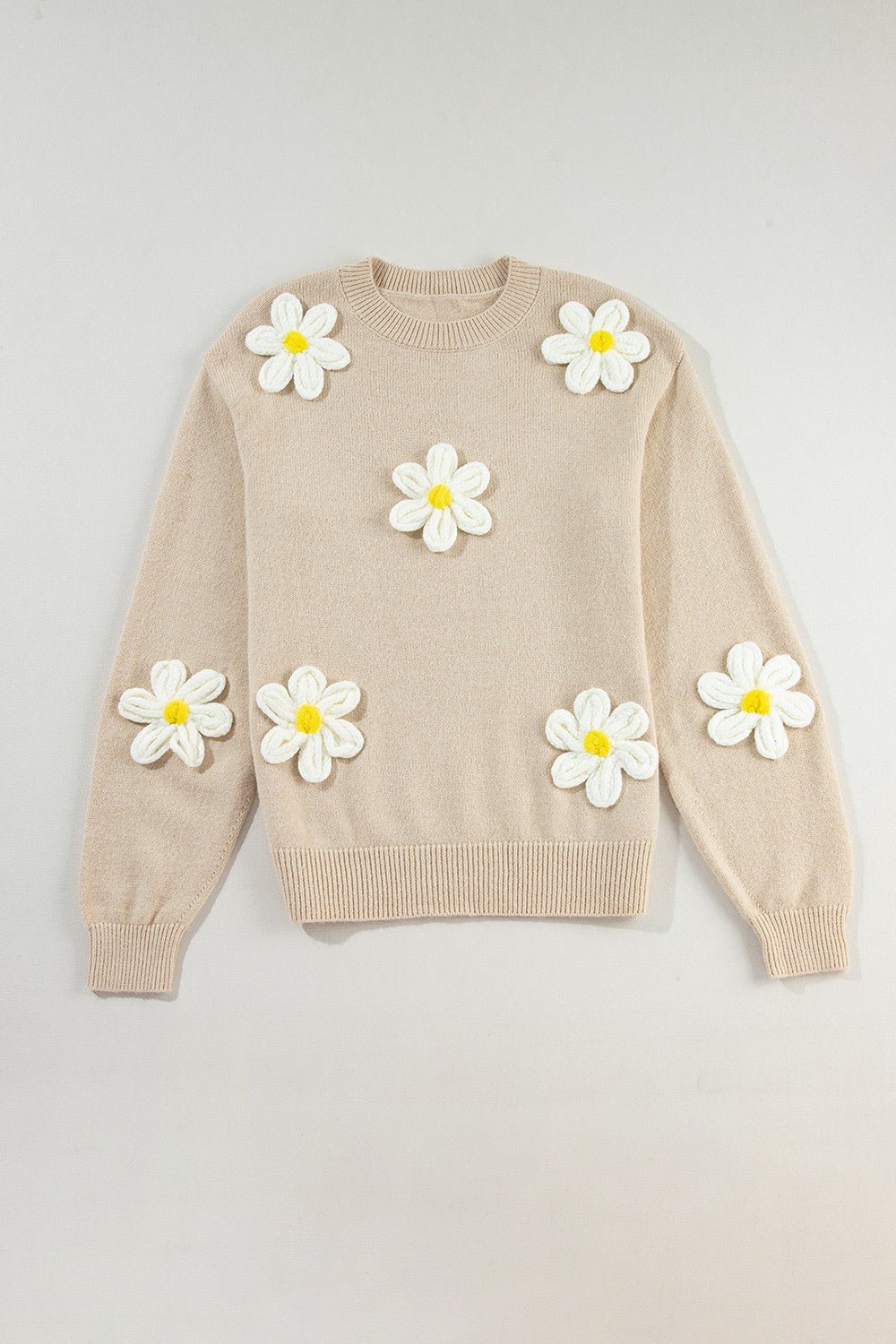 Crochet Flower Round Neck Long Sleeve Sweater - Loulou Boutique