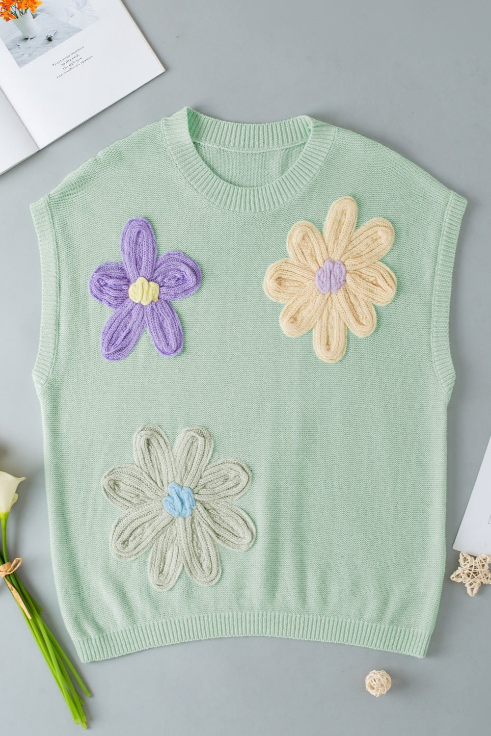 Crochet Flower Round Neck Sweater Vest - Loulou Boutique