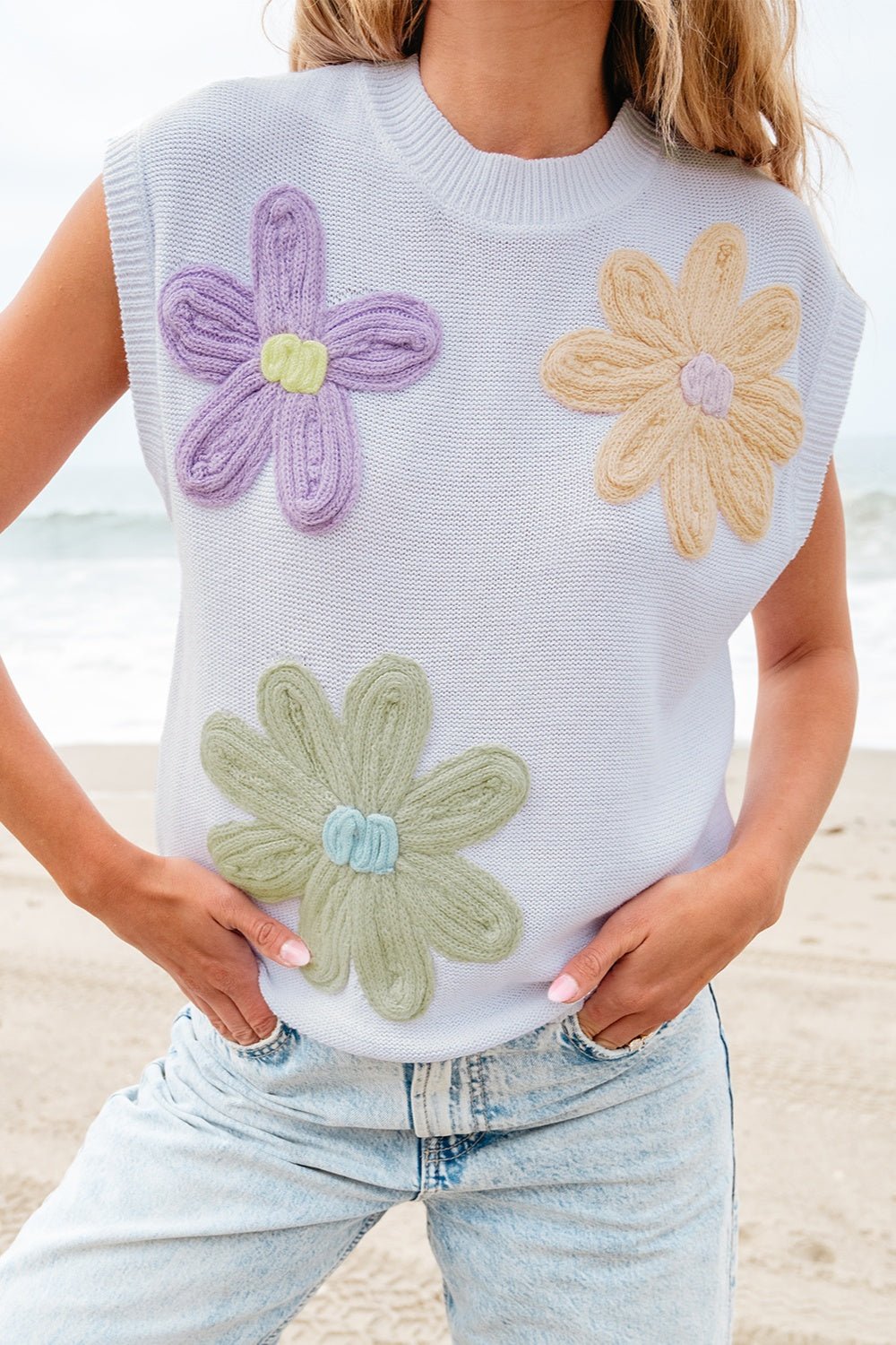 Crochet Flower Round Neck Sweater Vest - Loulou Boutique