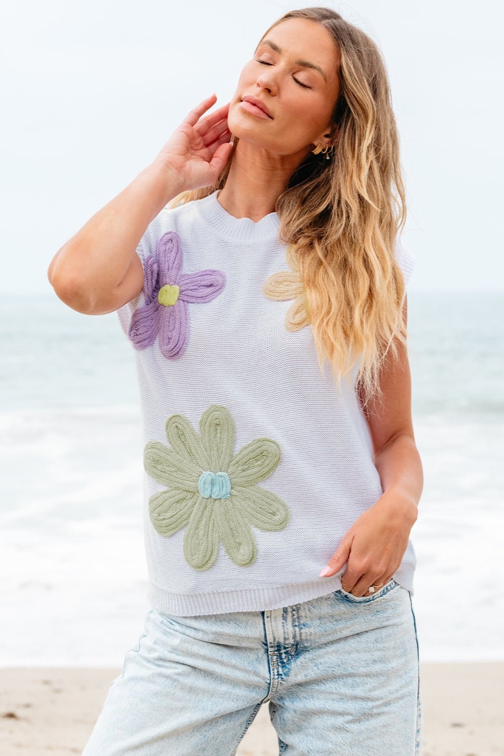 Crochet Flower Round Neck Sweater Vest - Loulou Boutique