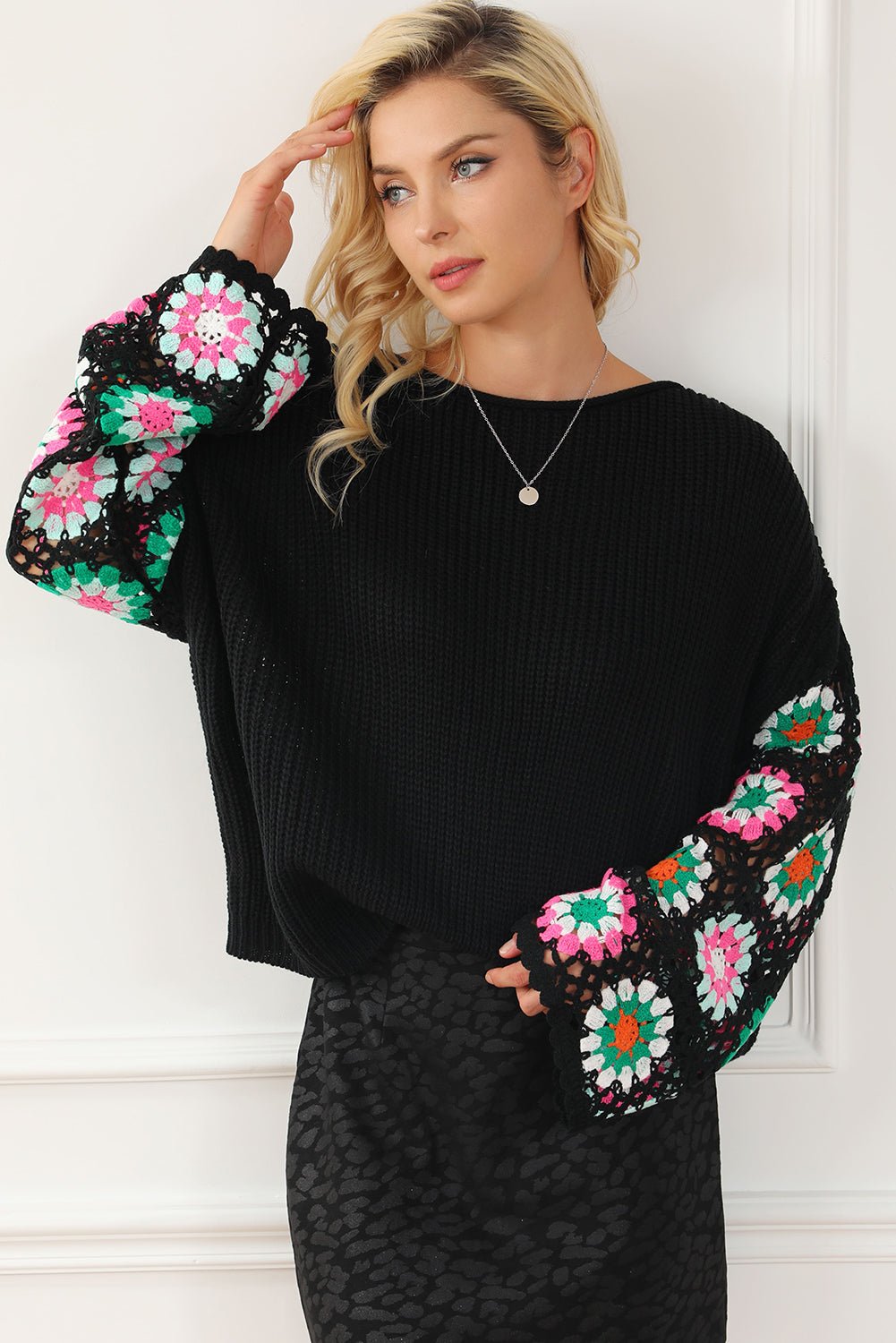 Crochet Round Neck Long Sleeve Knit Top - Loulou Boutique