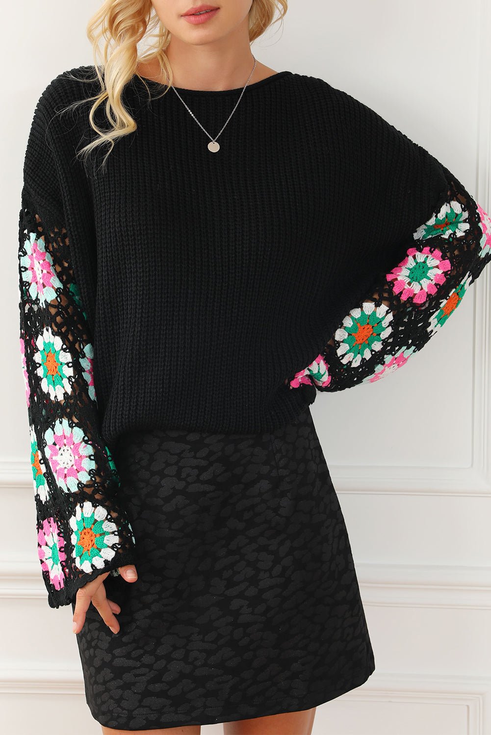 Crochet Round Neck Long Sleeve Knit Top - Loulou Boutique