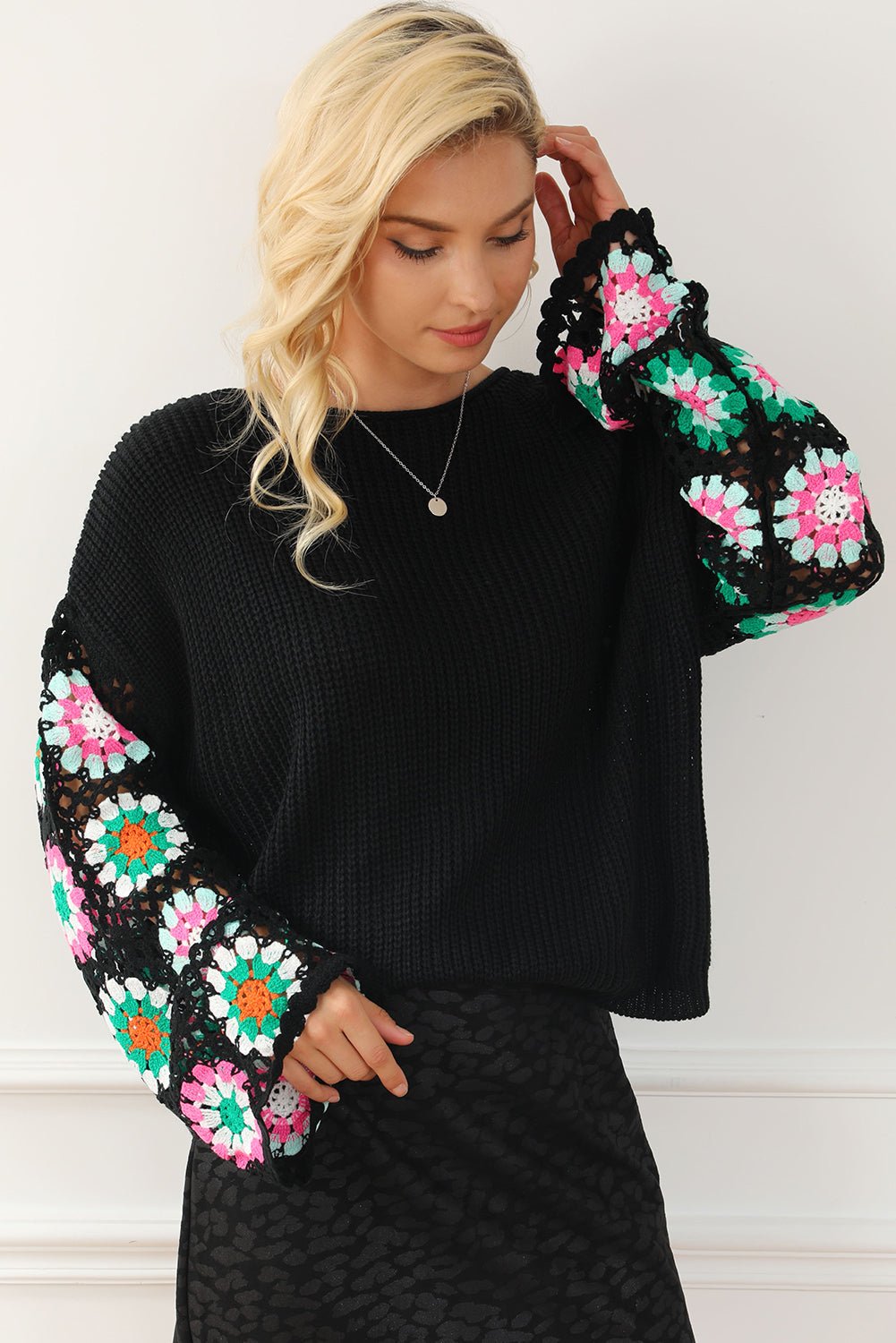 Crochet Round Neck Long Sleeve Knit Top - Loulou Boutique