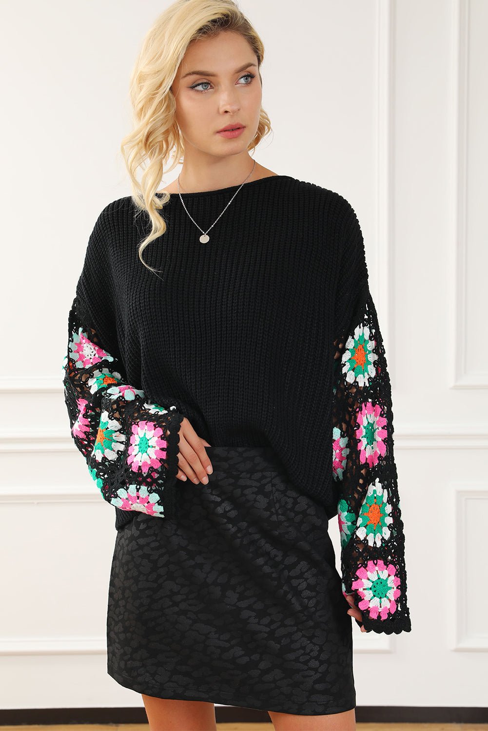 Crochet Round Neck Long Sleeve Knit Top - Loulou Boutique