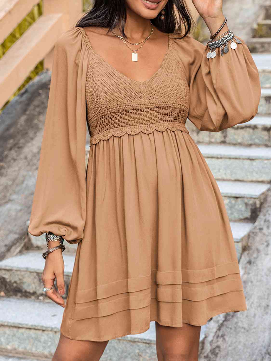 Crochet V - Neck Balloon Sleeve Dress - Loulou Boutique