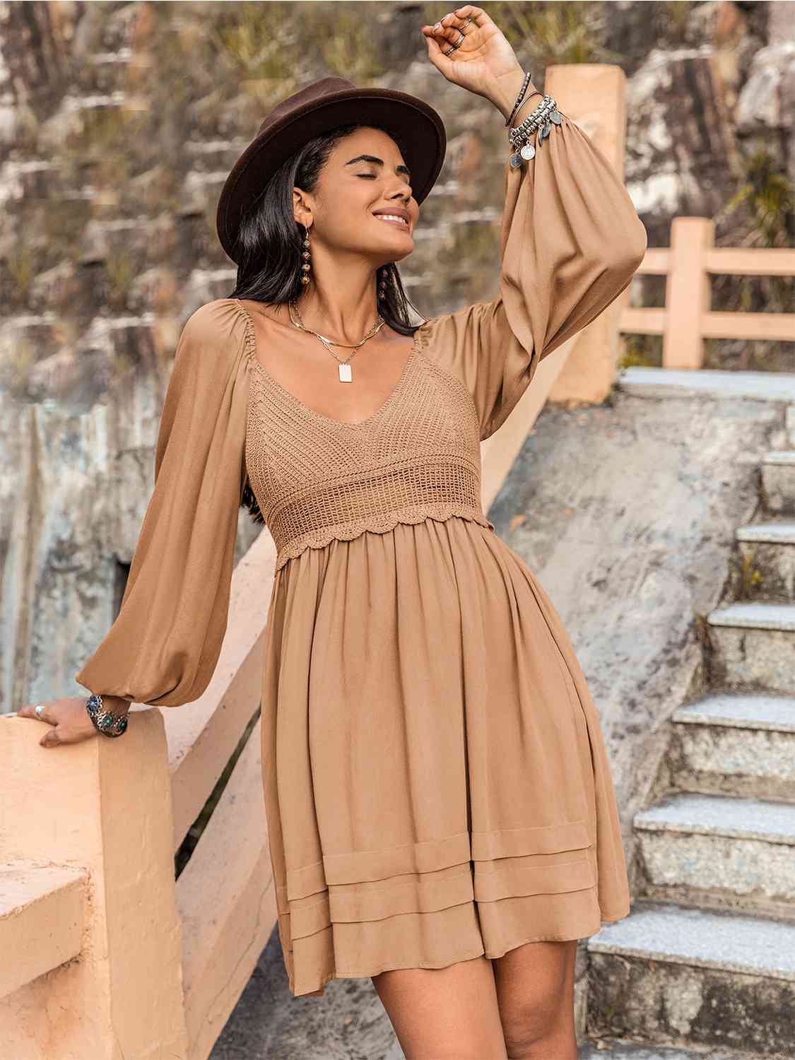 Crochet V - Neck Balloon Sleeve Dress - Loulou Boutique