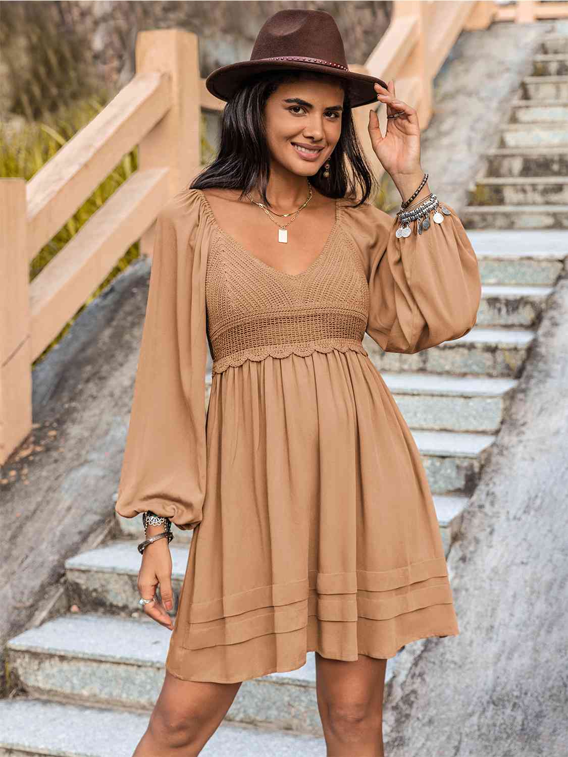 Crochet V - Neck Balloon Sleeve Dress - Loulou Boutique