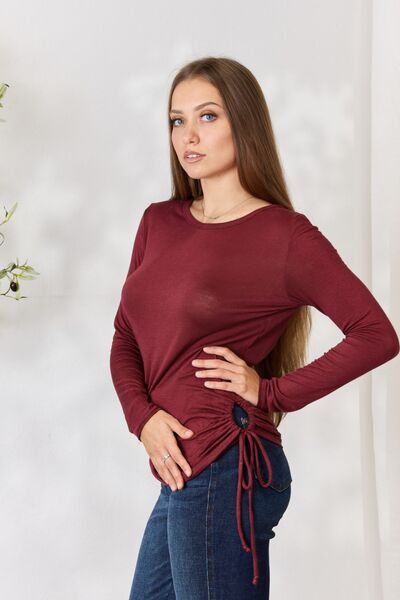 Culture Code Full Size Drawstring Round Neck Long Sleeve Top - Loulou Boutique