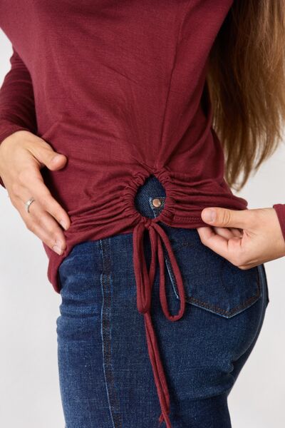 Culture Code Full Size Drawstring Round Neck Long Sleeve Top - Loulou Boutique