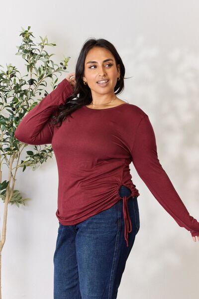 Culture Code Full Size Drawstring Round Neck Long Sleeve Top - Loulou Boutique