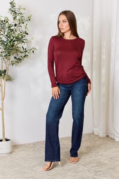Culture Code Full Size Drawstring Round Neck Long Sleeve Top - Loulou Boutique
