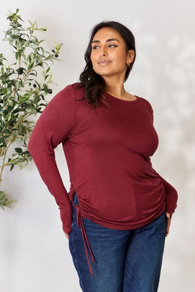 Culture Code Full Size Drawstring Round Neck Long Sleeve Top - Loulou Boutique