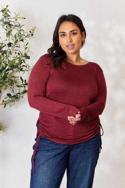 Culture Code Full Size Drawstring Round Neck Long Sleeve Top - Loulou Boutique