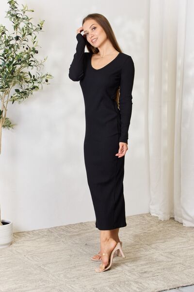 Culture Code Full Size Ribbed Long Sleeve Midi Slit Dress - Loulou Boutique