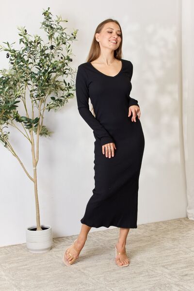 Culture Code Full Size Ribbed Long Sleeve Midi Slit Dress - Loulou Boutique