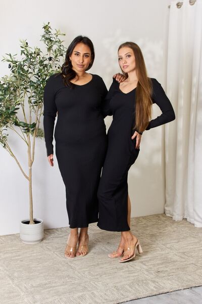 Culture Code Full Size Ribbed Long Sleeve Midi Slit Dress - Loulou Boutique
