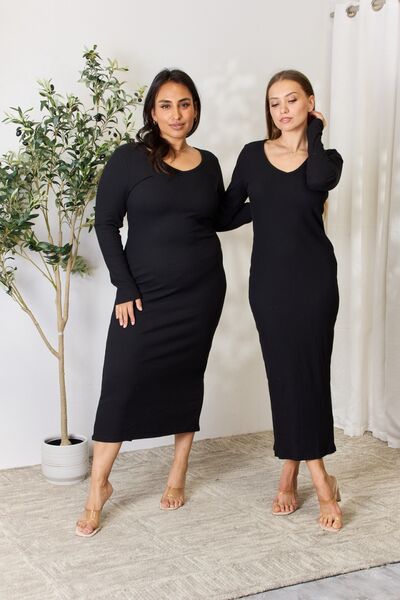Culture Code Full Size Ribbed Long Sleeve Midi Slit Dress - Loulou Boutique