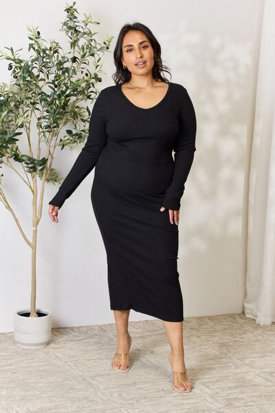 Culture Code Full Size Ribbed Long Sleeve Midi Slit Dress - Loulou Boutique