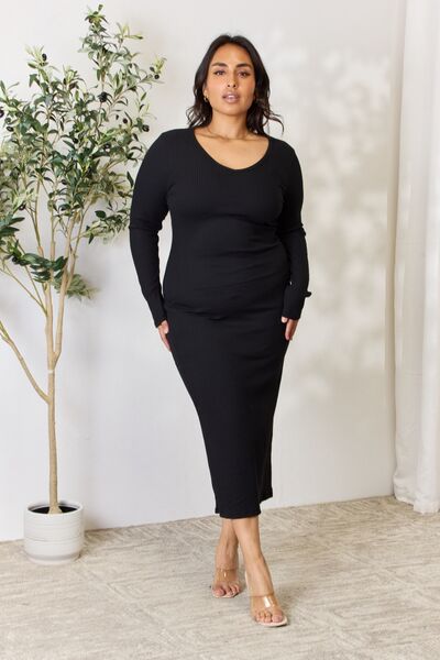 Culture Code Full Size Ribbed Long Sleeve Midi Slit Dress - Loulou Boutique