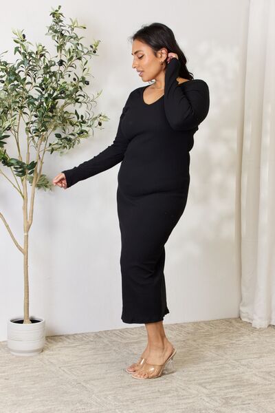 Culture Code Full Size Ribbed Long Sleeve Midi Slit Dress - Loulou Boutique