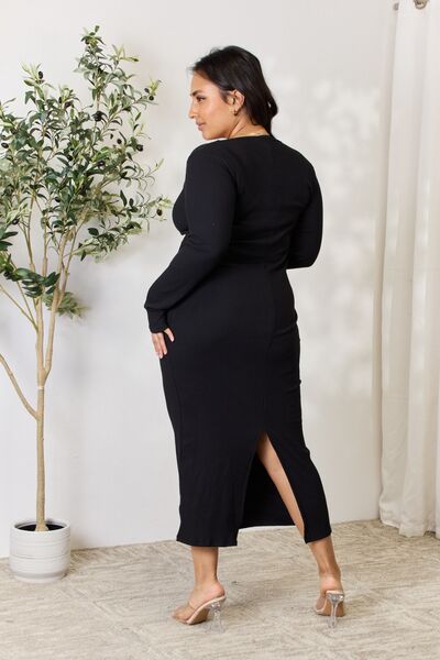 Culture Code Full Size Ribbed Long Sleeve Midi Slit Dress - Loulou Boutique