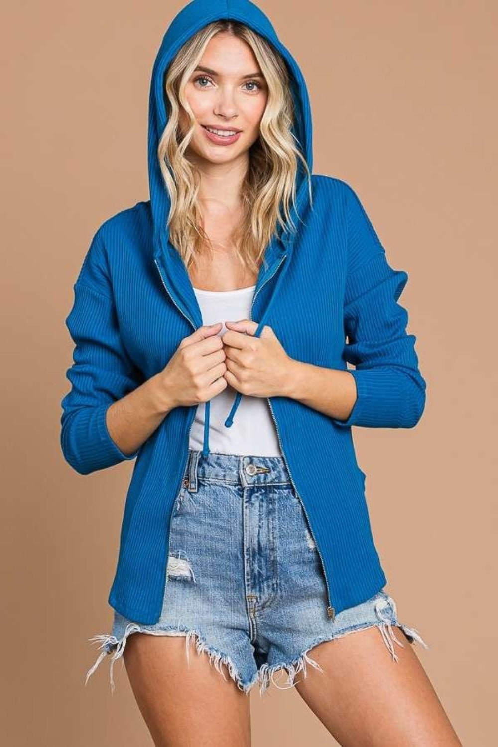 Culture Code Full Size Ribbed Zip Up Drawstring Hooded Jacket - Loulou Boutique