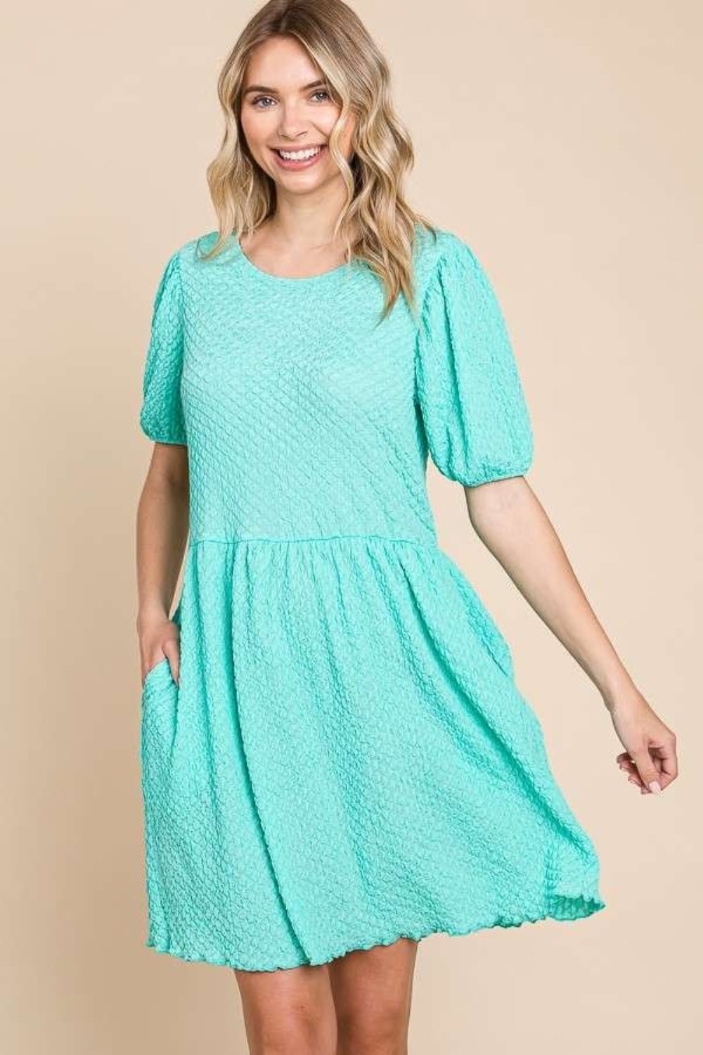 Culture Code Full Size Textured Round Neck Puff Sleeve Dress - Loulou Boutique