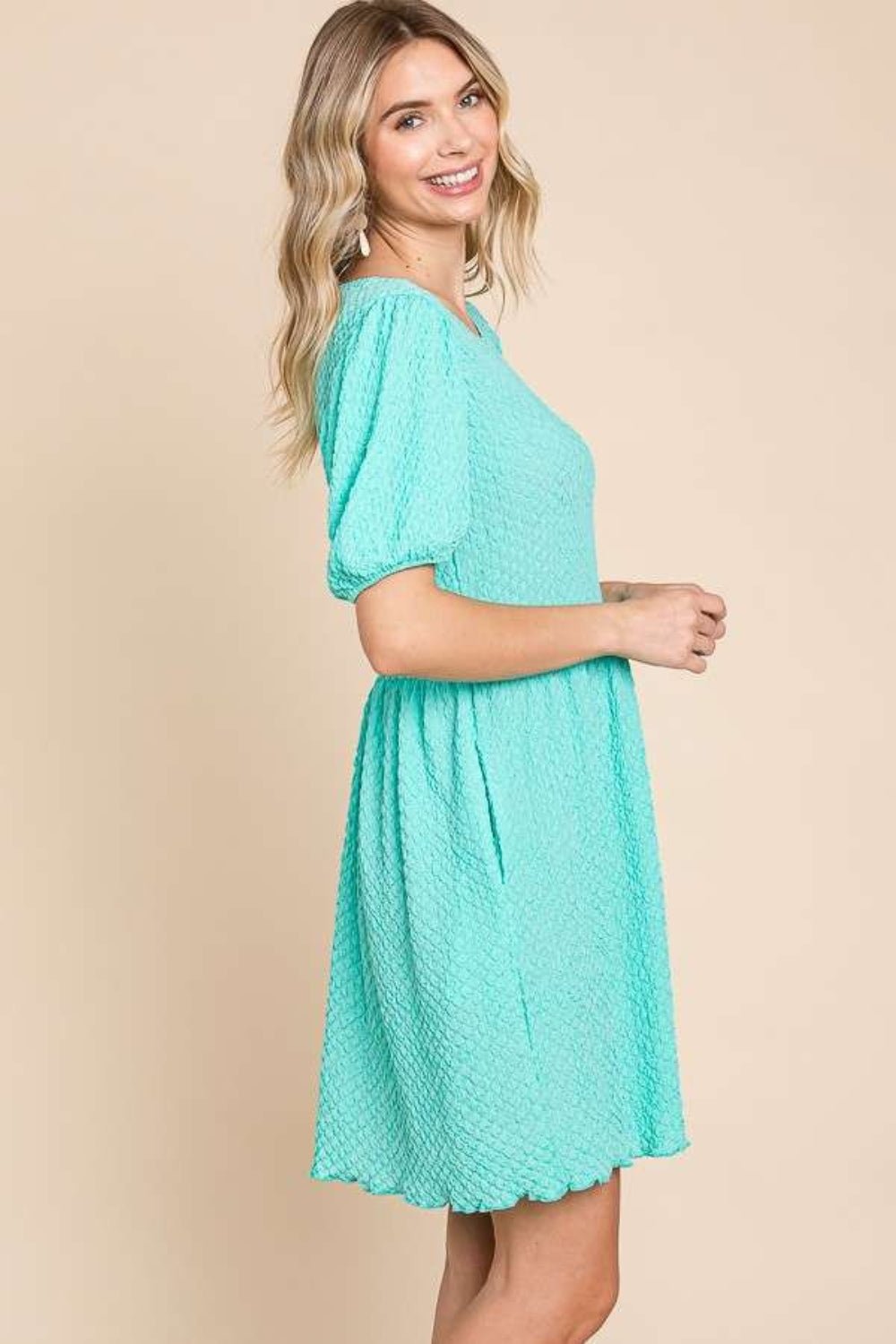 Culture Code Full Size Textured Round Neck Puff Sleeve Dress - Loulou Boutique