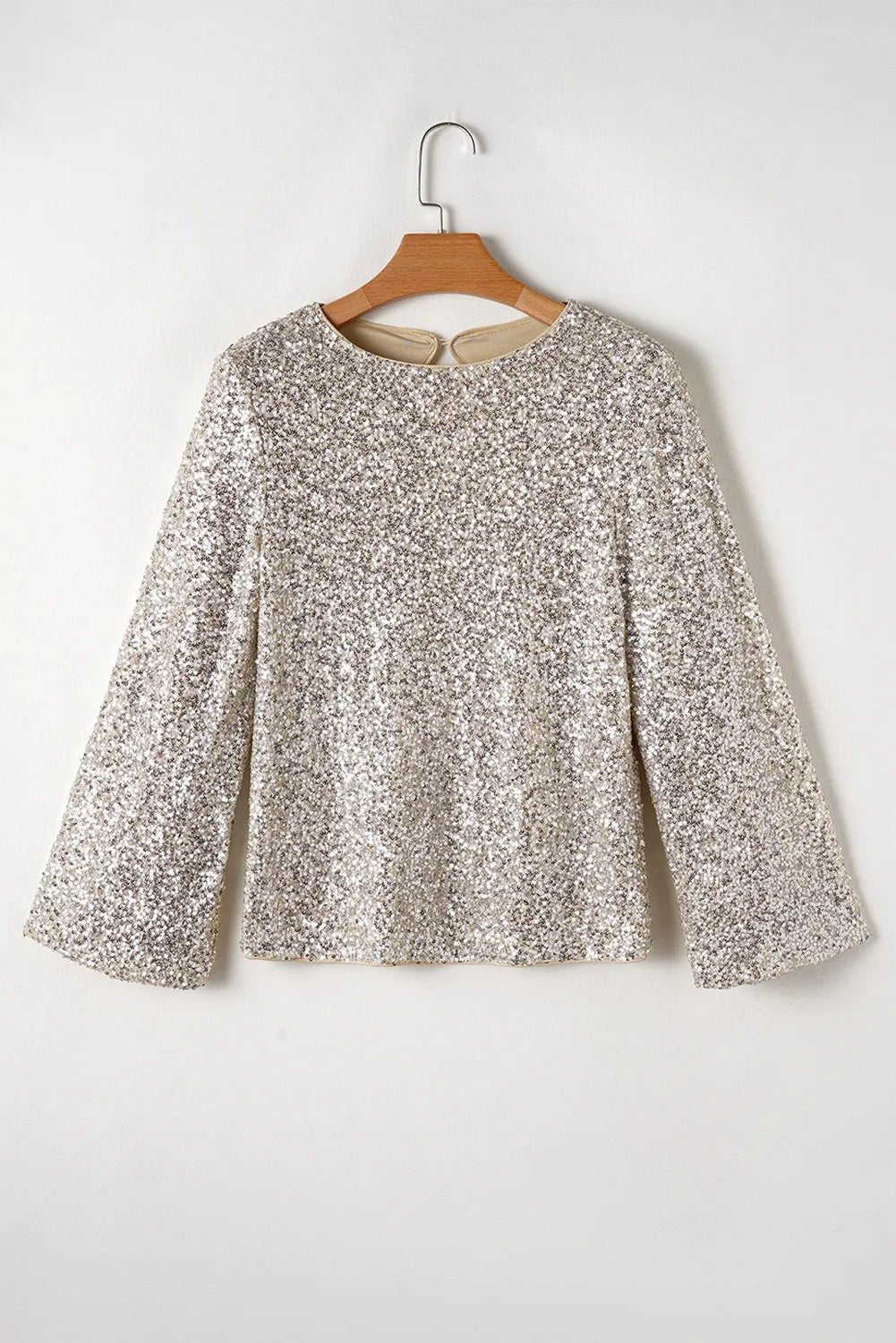 Cutout Sequin Round Neck Long Sleeve Blouse - Loulou Boutique