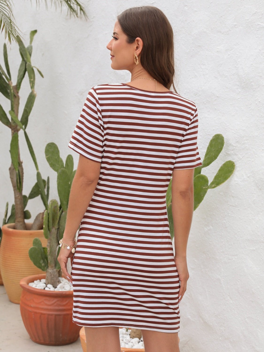 Cutout Striped Round Neck Short Sleeve Dress - Loulou Boutique