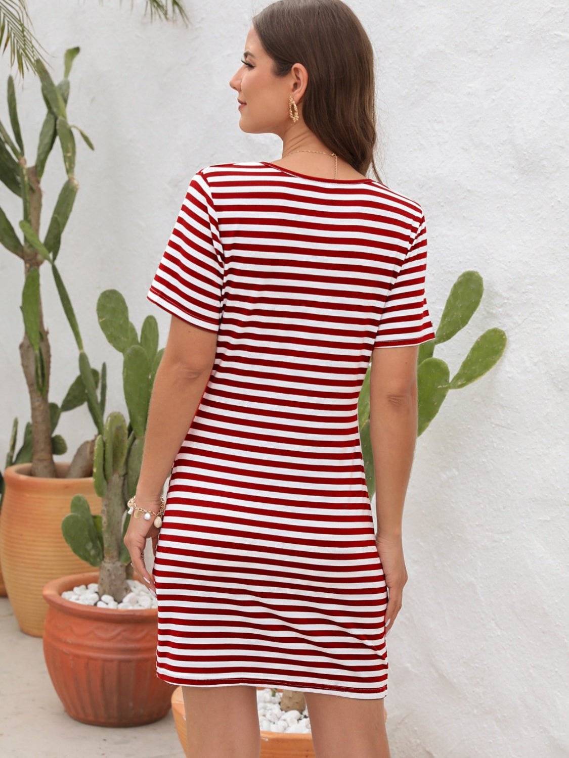 Cutout Striped Round Neck Short Sleeve Dress - Loulou Boutique