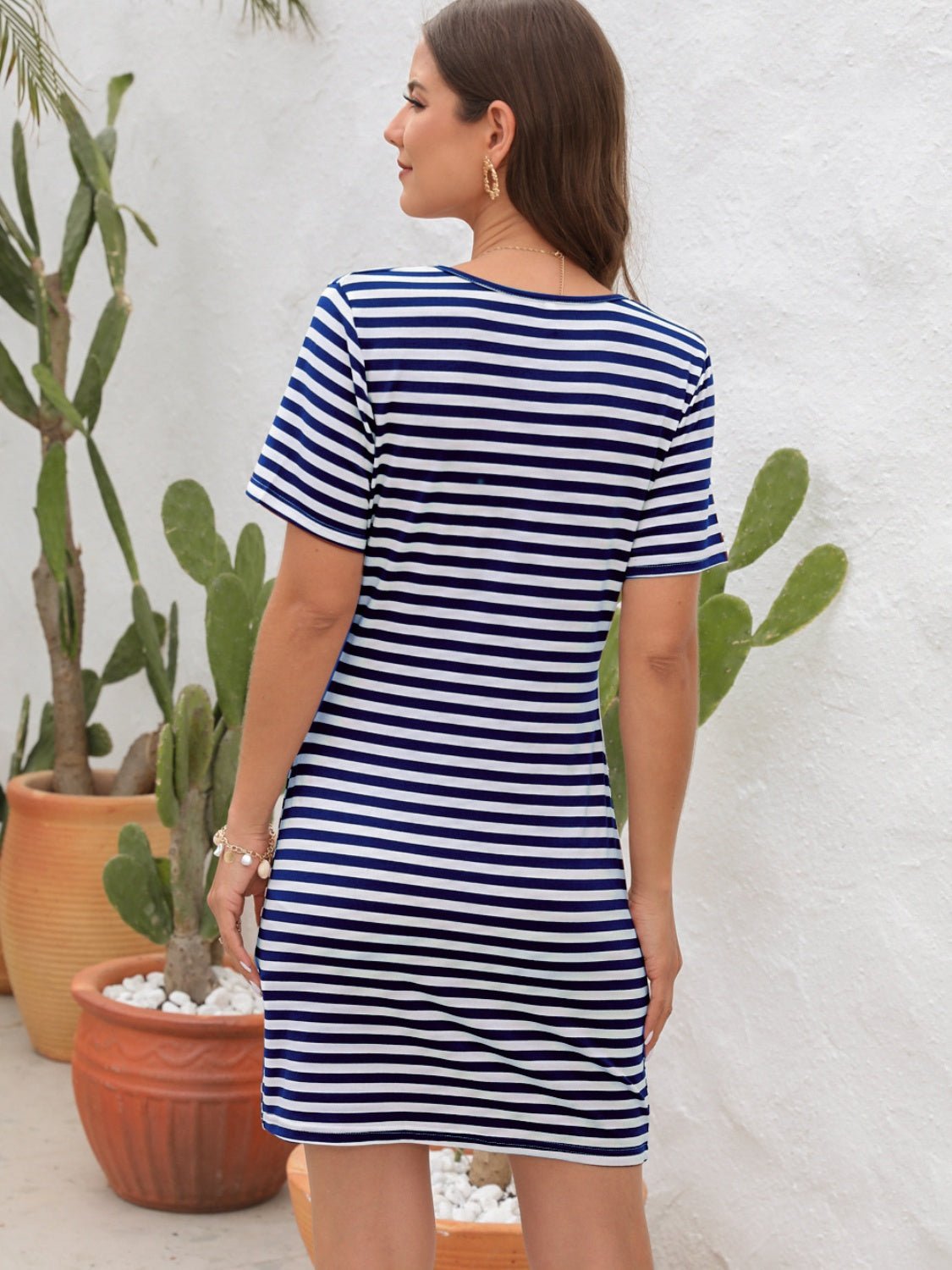 Cutout Striped Round Neck Short Sleeve Dress - Loulou Boutique