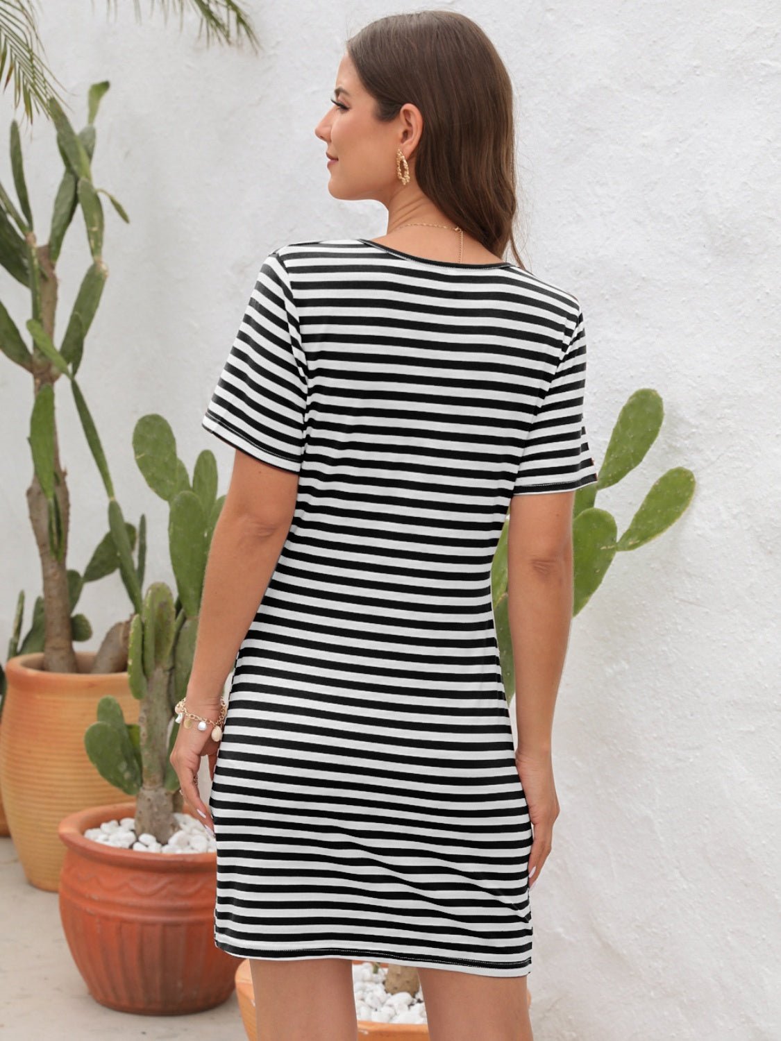 Cutout Striped Round Neck Short Sleeve Dress - Loulou Boutique