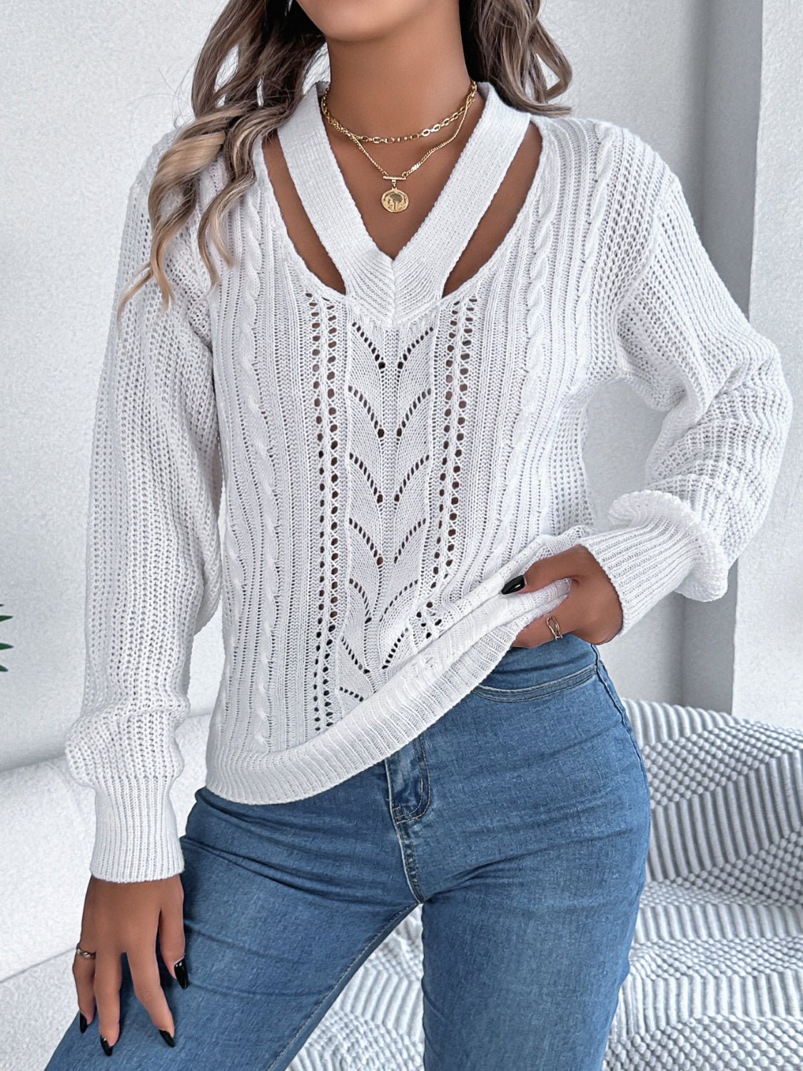 Cutout V - Neck Long Sleeve Sweater - Loulou Boutique