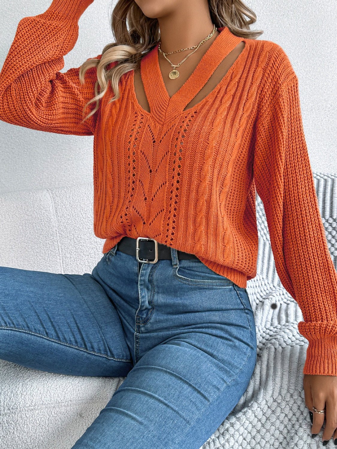 Cutout V - Neck Long Sleeve Sweater - Loulou Boutique