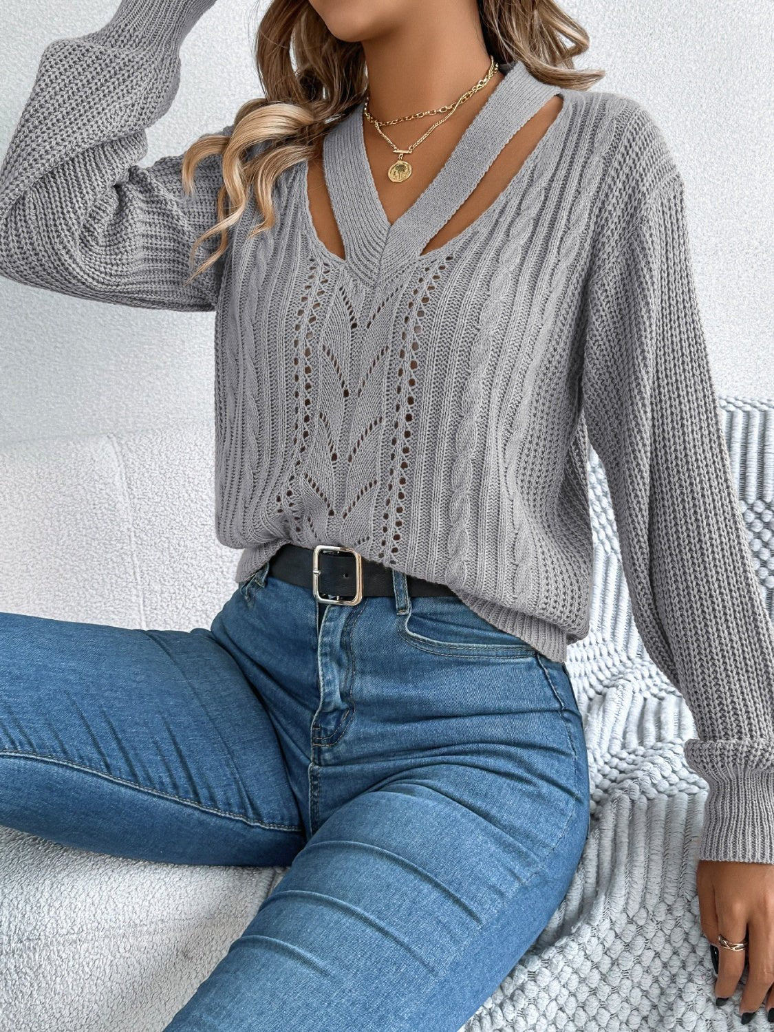 Cutout V - Neck Long Sleeve Sweater - Loulou Boutique