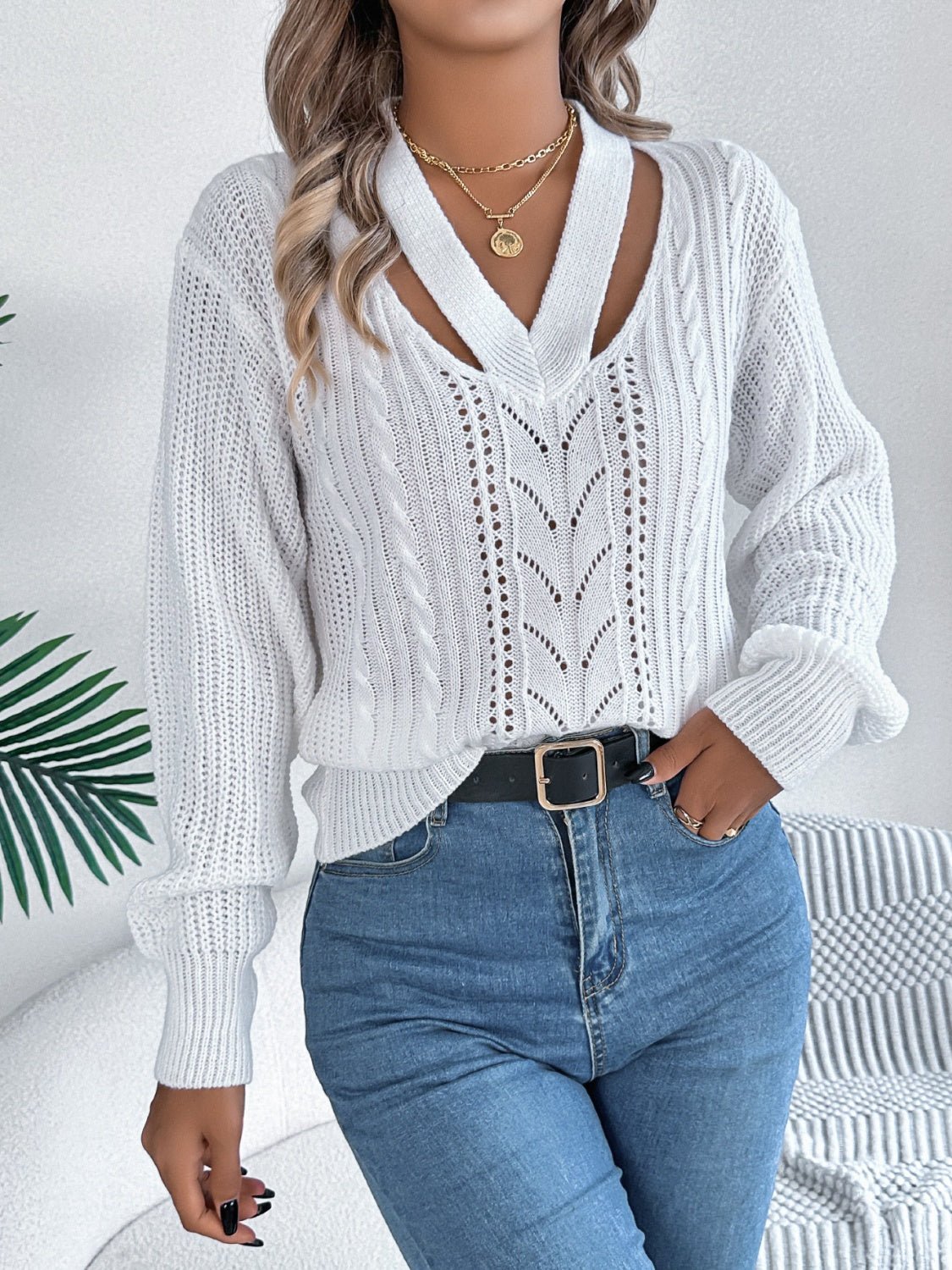 Cutout V - Neck Long Sleeve Sweater - Loulou Boutique