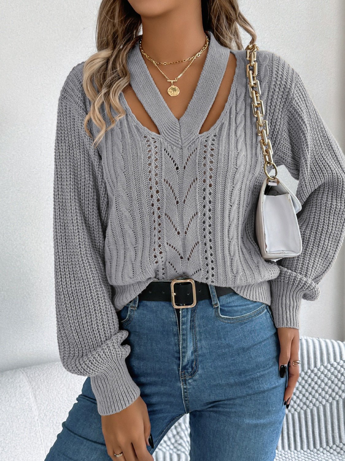 Cutout V - Neck Long Sleeve Sweater - Loulou Boutique
