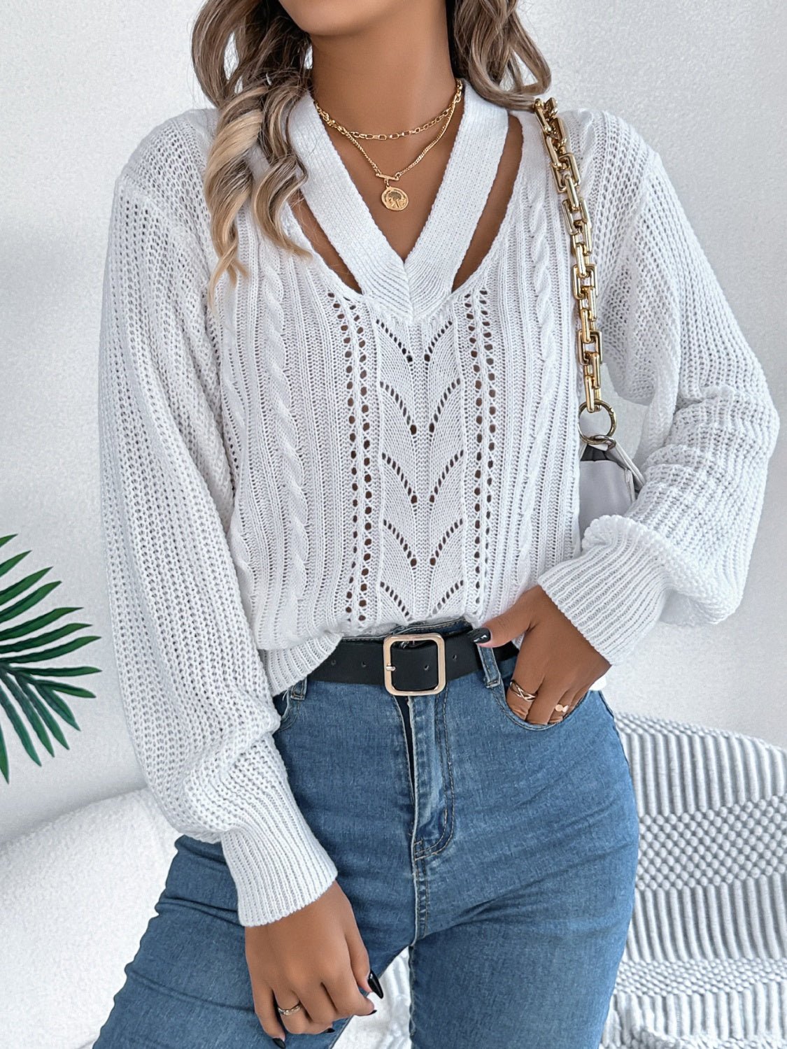 Cutout V - Neck Long Sleeve Sweater - Loulou Boutique