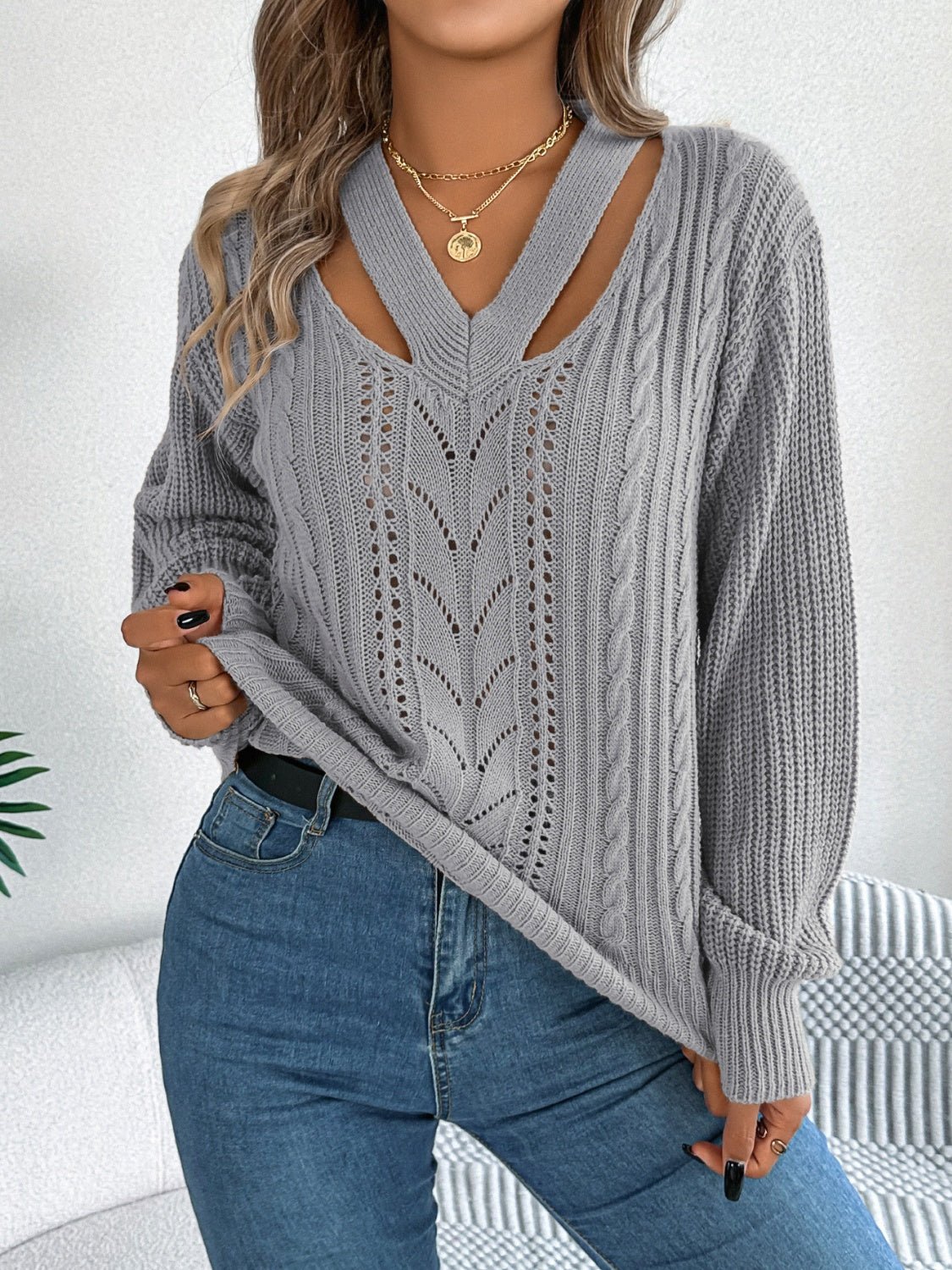 Cutout V - Neck Long Sleeve Sweater - Loulou Boutique