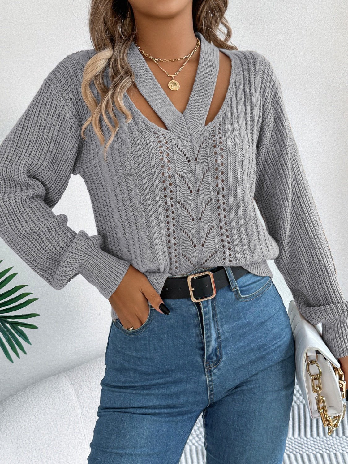 Cutout V - Neck Long Sleeve Sweater - Loulou Boutique