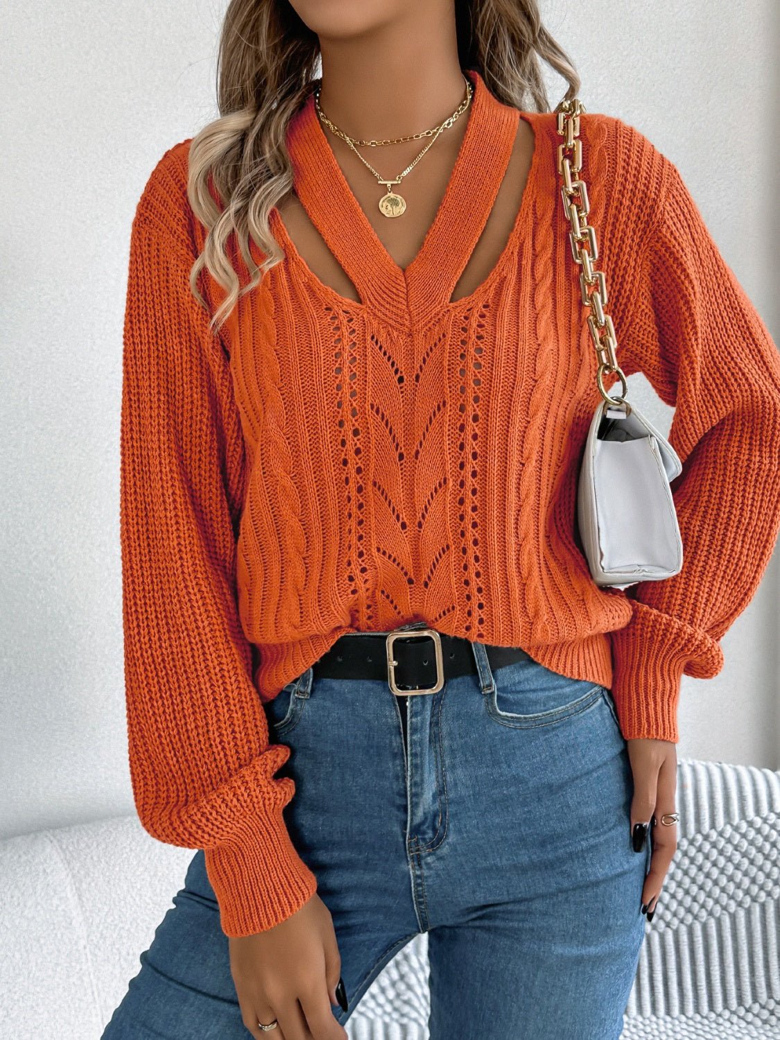 Cutout V - Neck Long Sleeve Sweater - Loulou Boutique