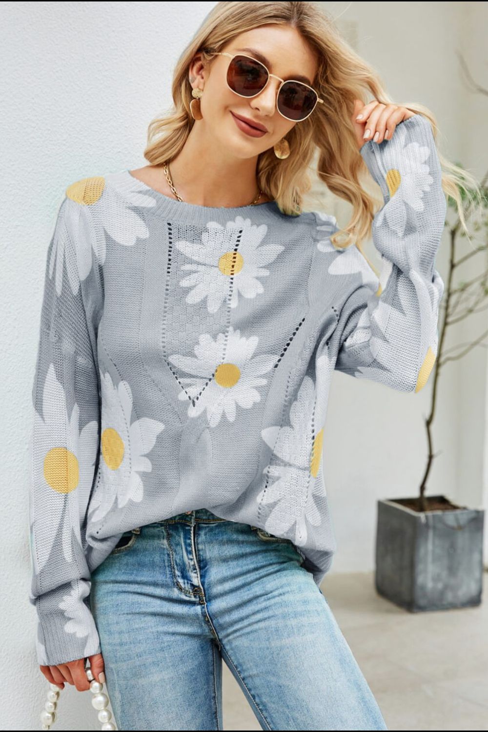 Daisy Print Openwork Round Neck Sweater - Loulou Boutique